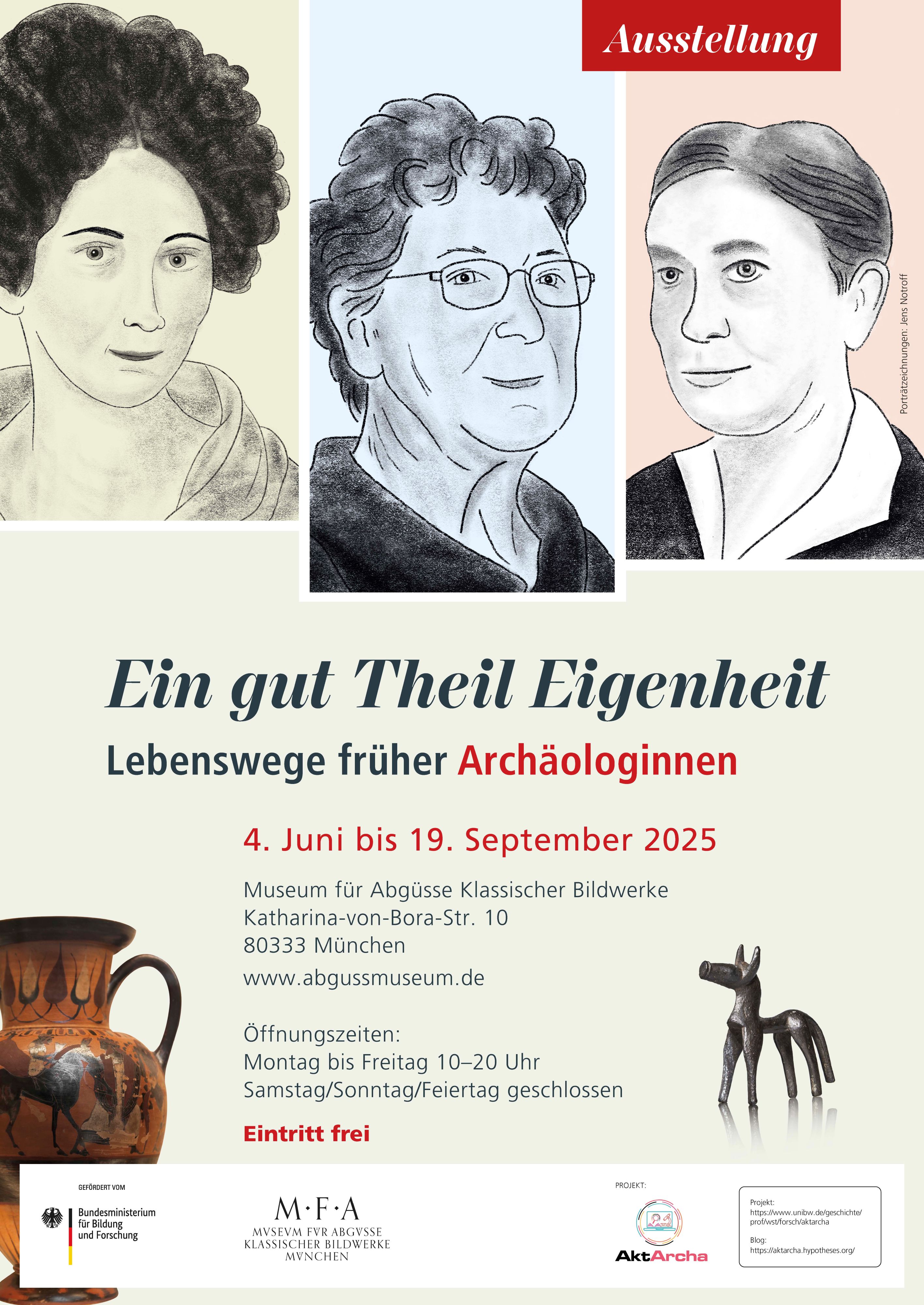 3 gemalte weibliche Porträts, darunter Informationen zur Ausstellung